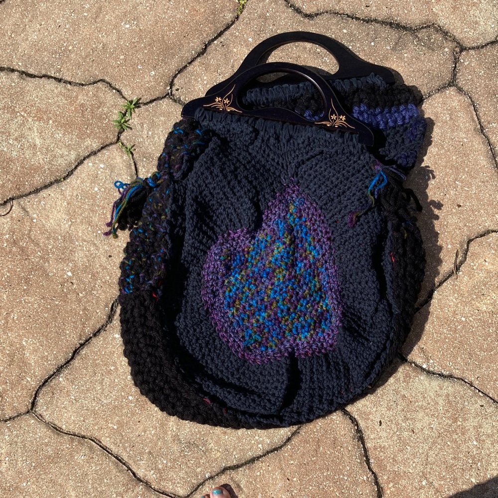Handcrafted Black Crochet Tote with Multicolor Embroidery - Picture 5 of 12